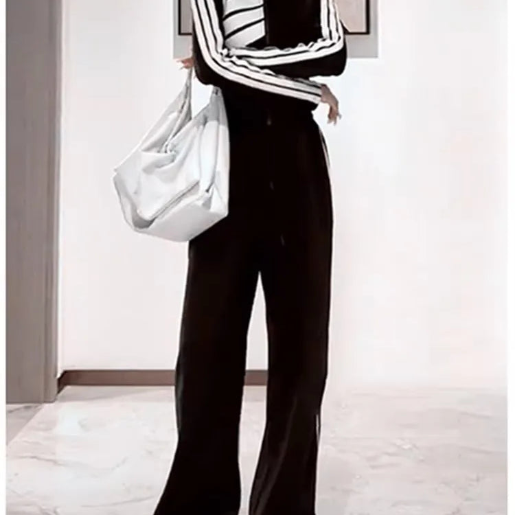 Striped Sports Set Women's Autumn/Winter Fashion Contrast Color Zipper Coat Long Sleeve Casual Wide Leg Pants Two Piece Set