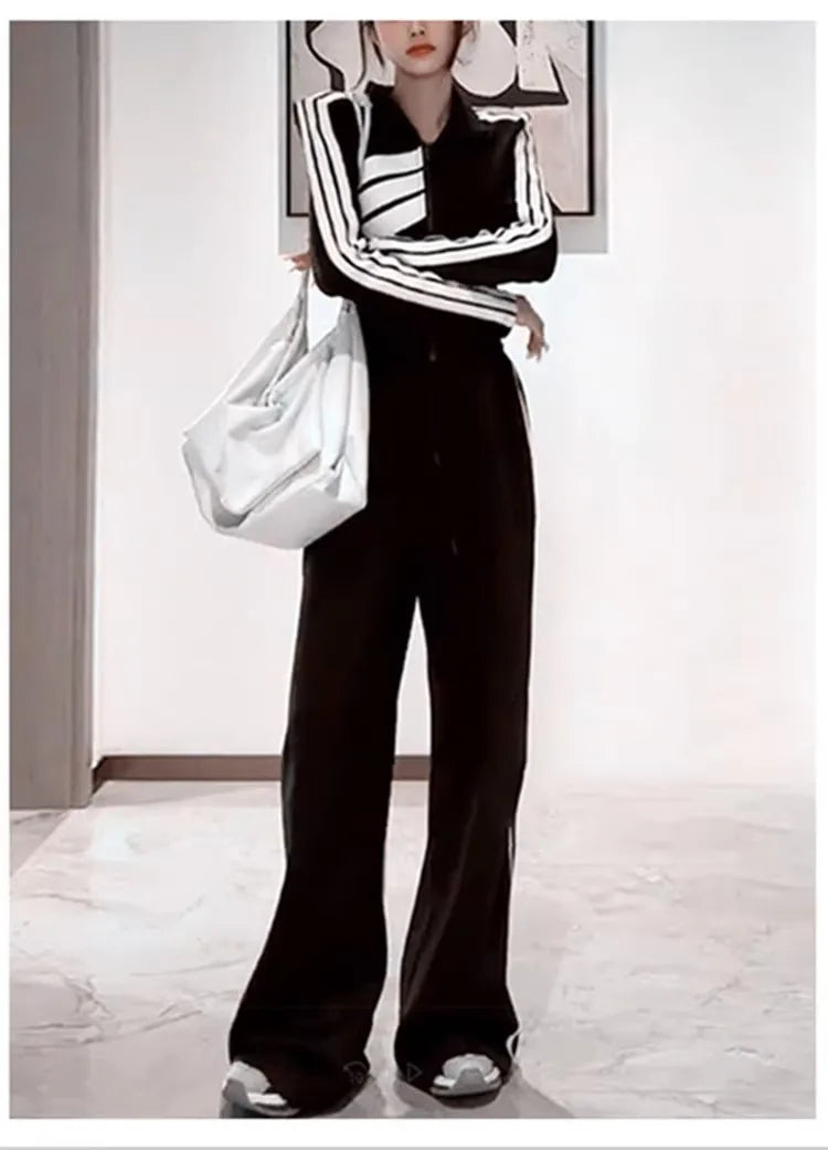 Striped Sports Set Women's Autumn/Winter Fashion Contrast Color Zipper Coat Long Sleeve Casual Wide Leg Pants Two Piece Set