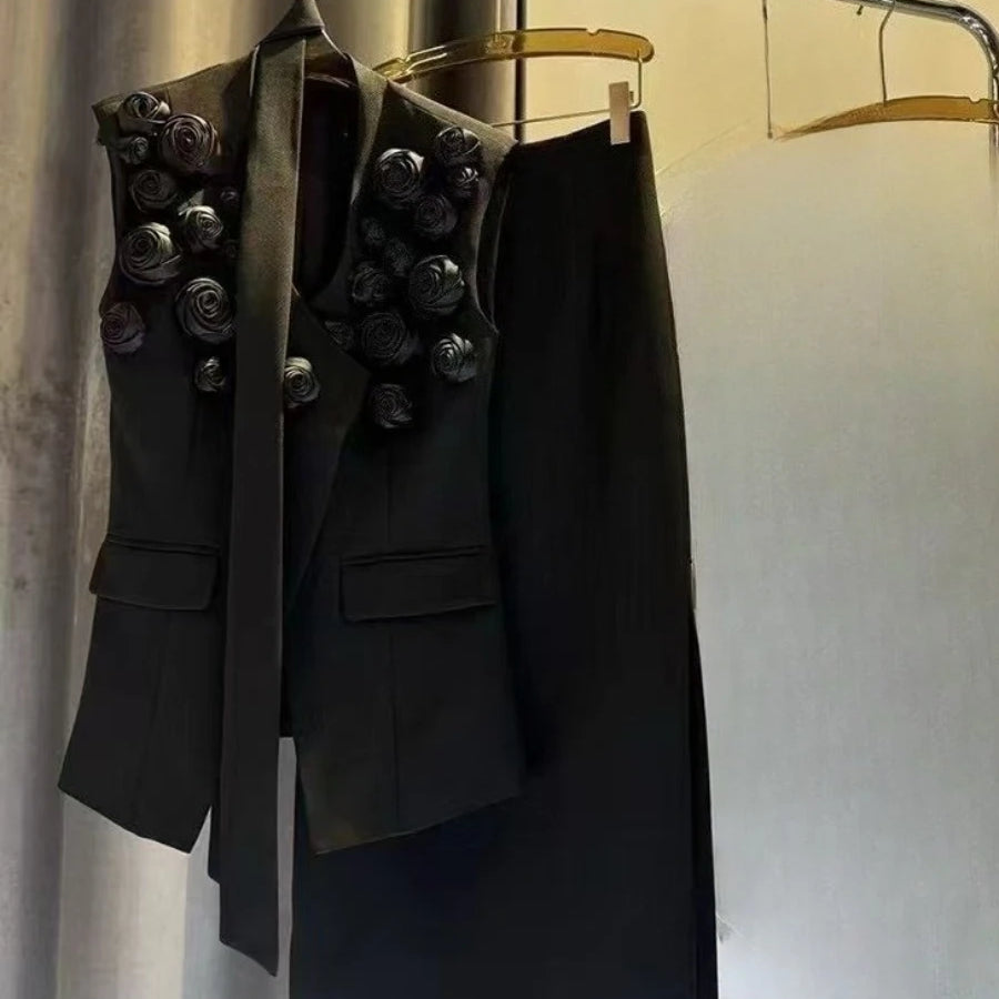 Solid Spliced Applique Two Piece Sets for Women V Neck Sleeveless Patchwork Lace Up Top High Waist Skirt Set Female BLACK