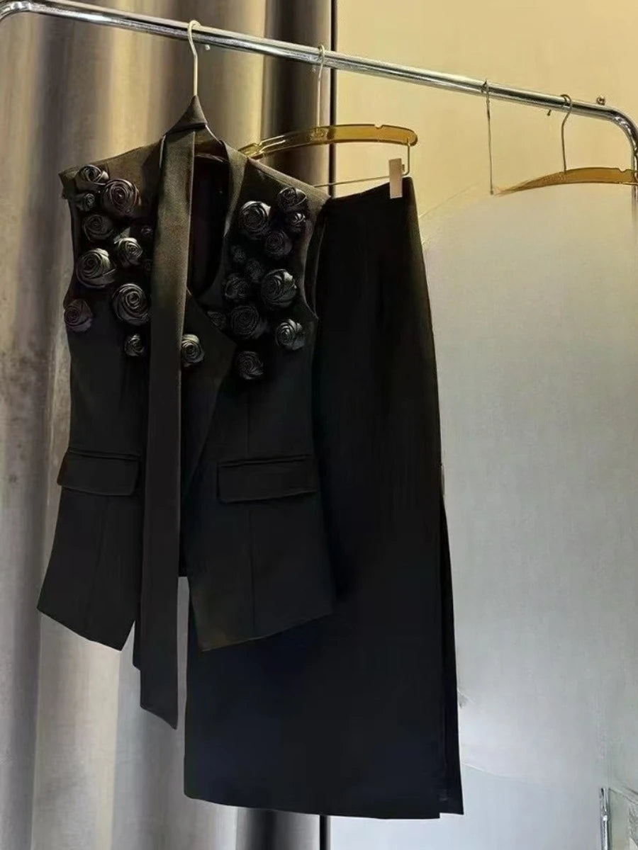 Solid Spliced Applique Two Piece Sets for Women V Neck Sleeveless Patchwork Lace Up Top High Waist Skirt Set Female BLACK