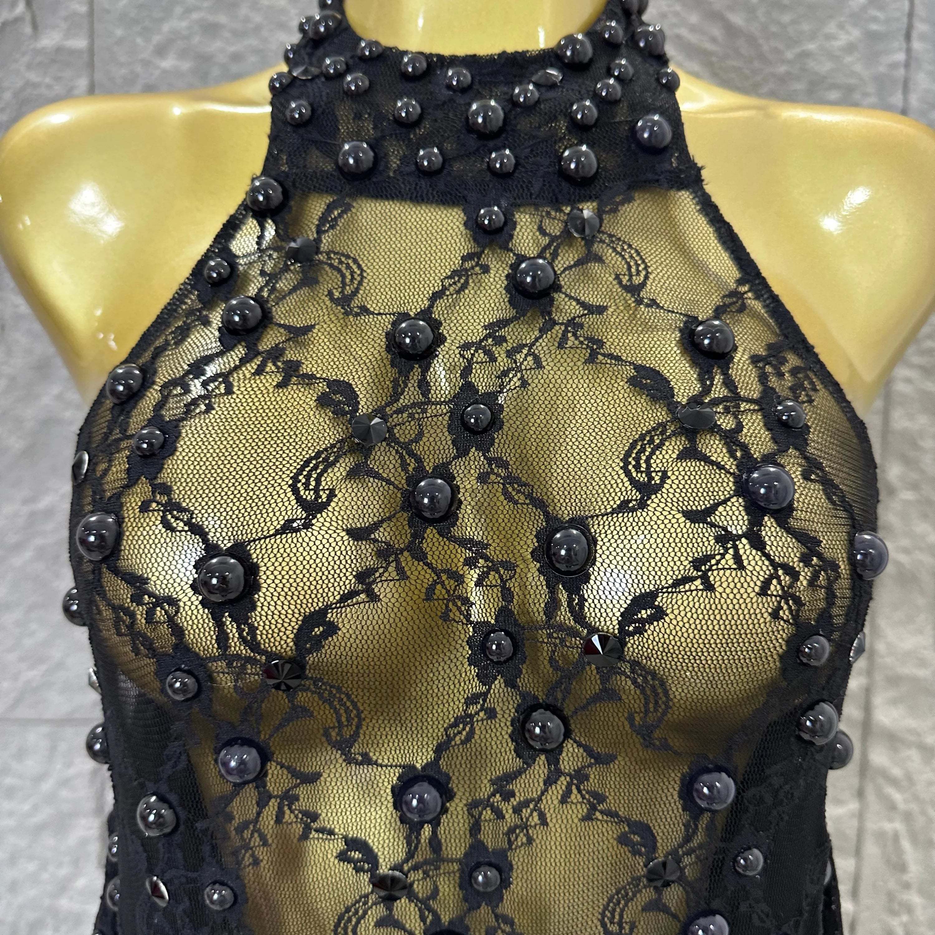 Black Opulent Halter Neck Maxi Sheer Mesh Beaded Lace Dress Form-Fitting Outfit Nightclub Party Evening Gala Costume