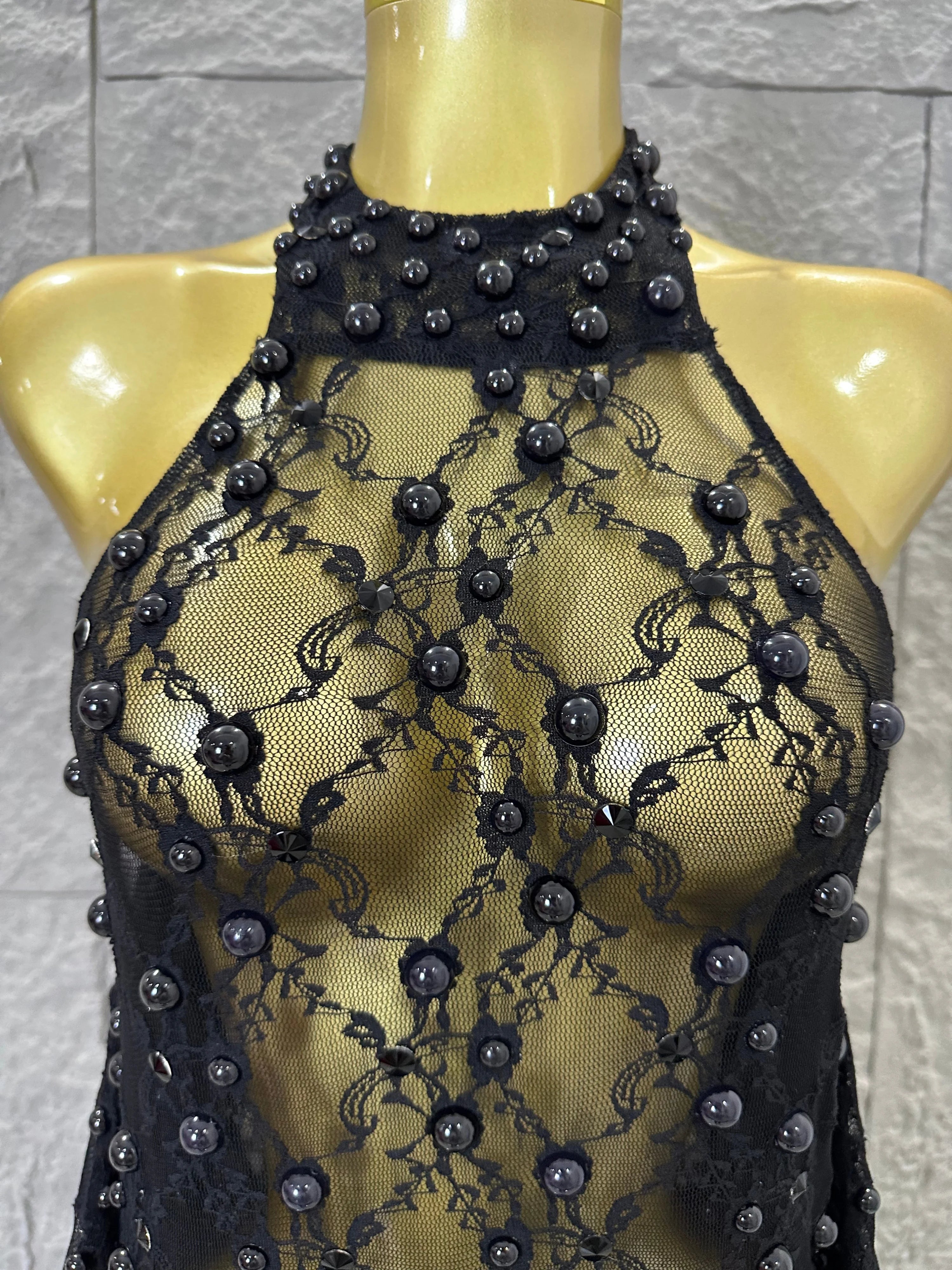 Black Opulent Halter Neck Maxi Sheer Mesh Beaded Lace Dress Form-Fitting Outfit Nightclub Party Evening Gala Costume