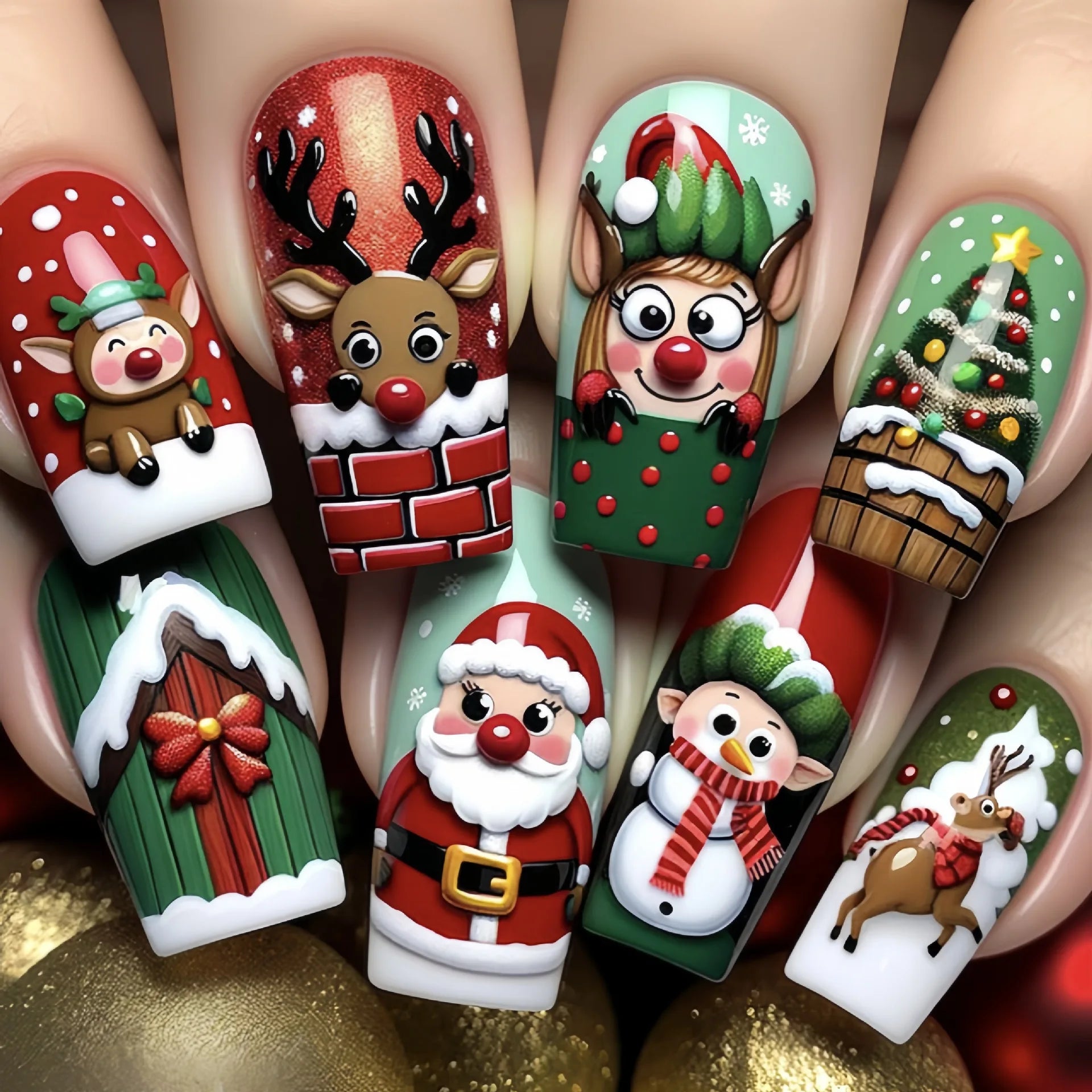 24pcs/set short fake nails for Christmas Square ballet winter false nail tips snow flakes christmas tree snowman press on nails 1604