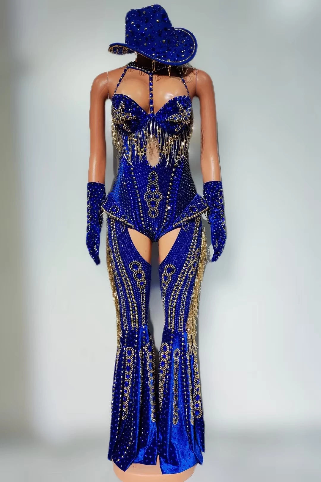 Women Sparkly Rhinestone Bodysuit 4Pieces Set Night Party Cowboy Show Outfit Cabaret Carnival Showgirl Sexy Jumpsuit Hongding