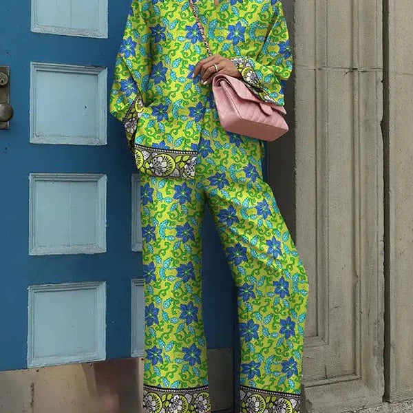 Autumn New Loose Vintage Printed Pant Sets Women Long Sleeve Shirts And Wide Legs Trousers Two Piece Set Fashion Streetwear green.