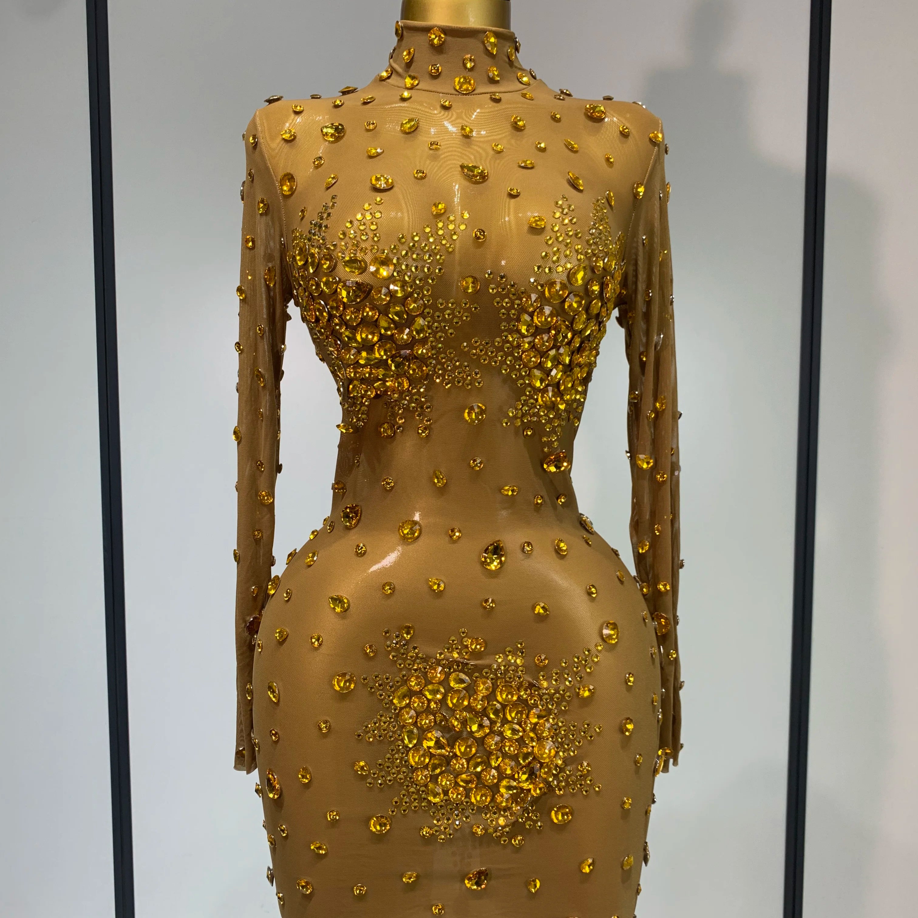 Women Sexy Gold Rhinestones Sparkly See Through Mini Dress Evening Party Fashion Performance Stage Outfit Luxury Birthday Dress Gold