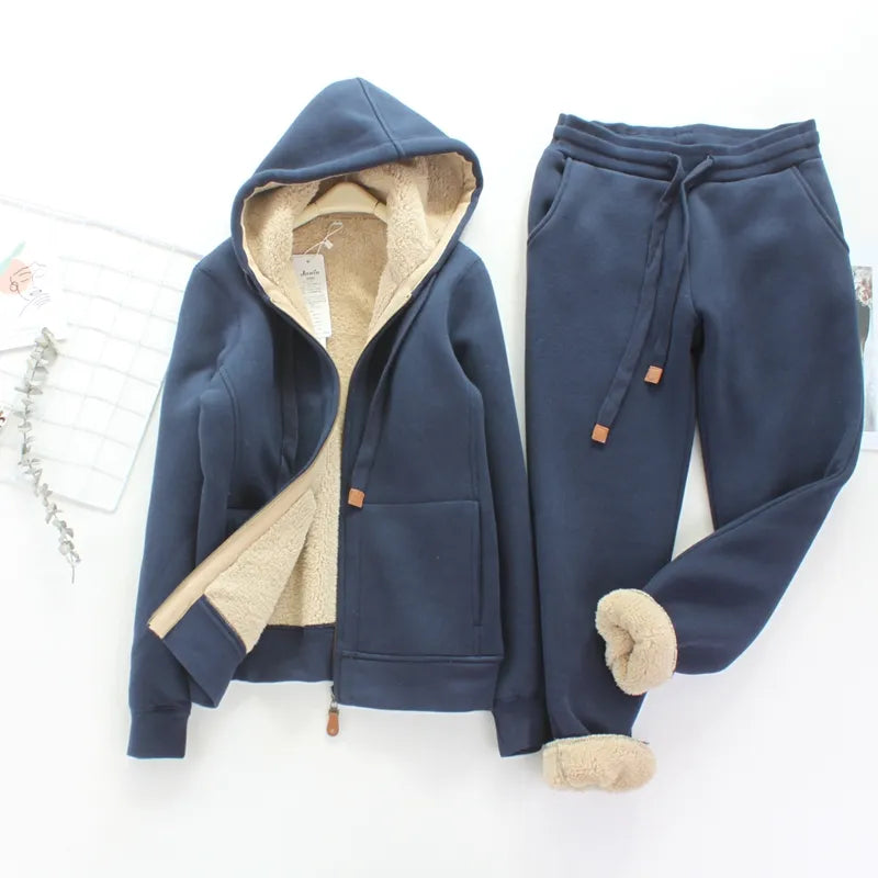 Simple Fashion Sports Casual Suit Women's Autumn Winter Artificial Lamb Wool and Velvet Thickened Hooded Short Coat Sports Pants royal blue