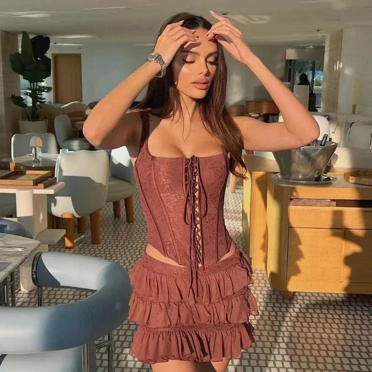 Autumn and Winter New Women's Clothing Brown Fish Bone Strap Top Cake Half Skirt Set Skirt