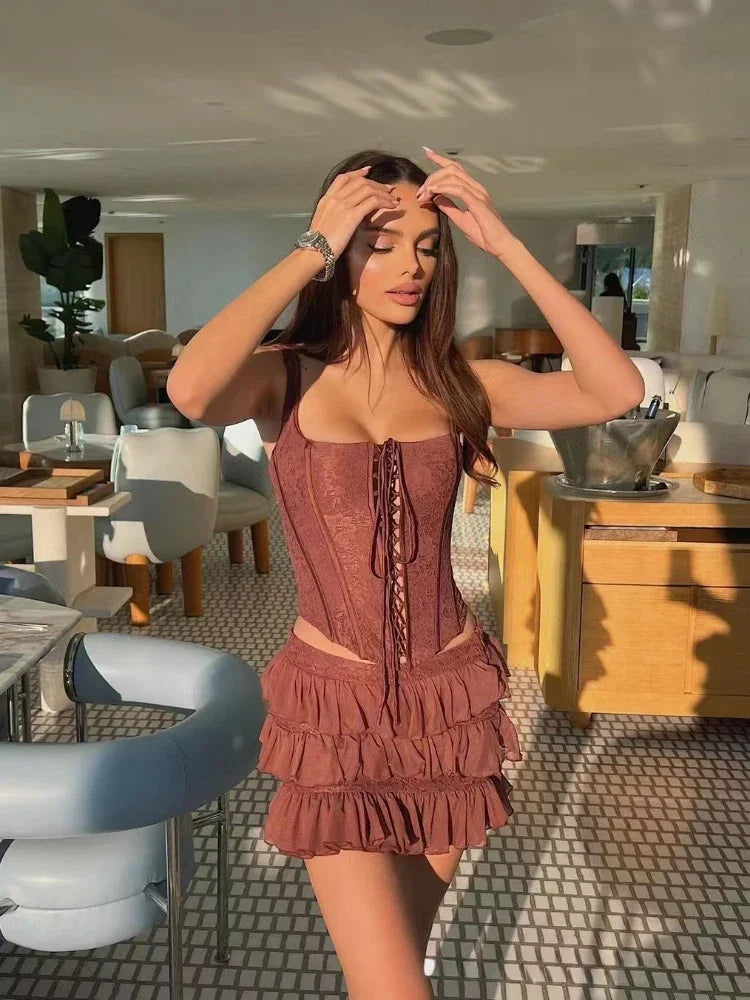 Autumn and Winter New Women's Clothing Brown Fish Bone Strap Top Cake Half Skirt Set Skirt