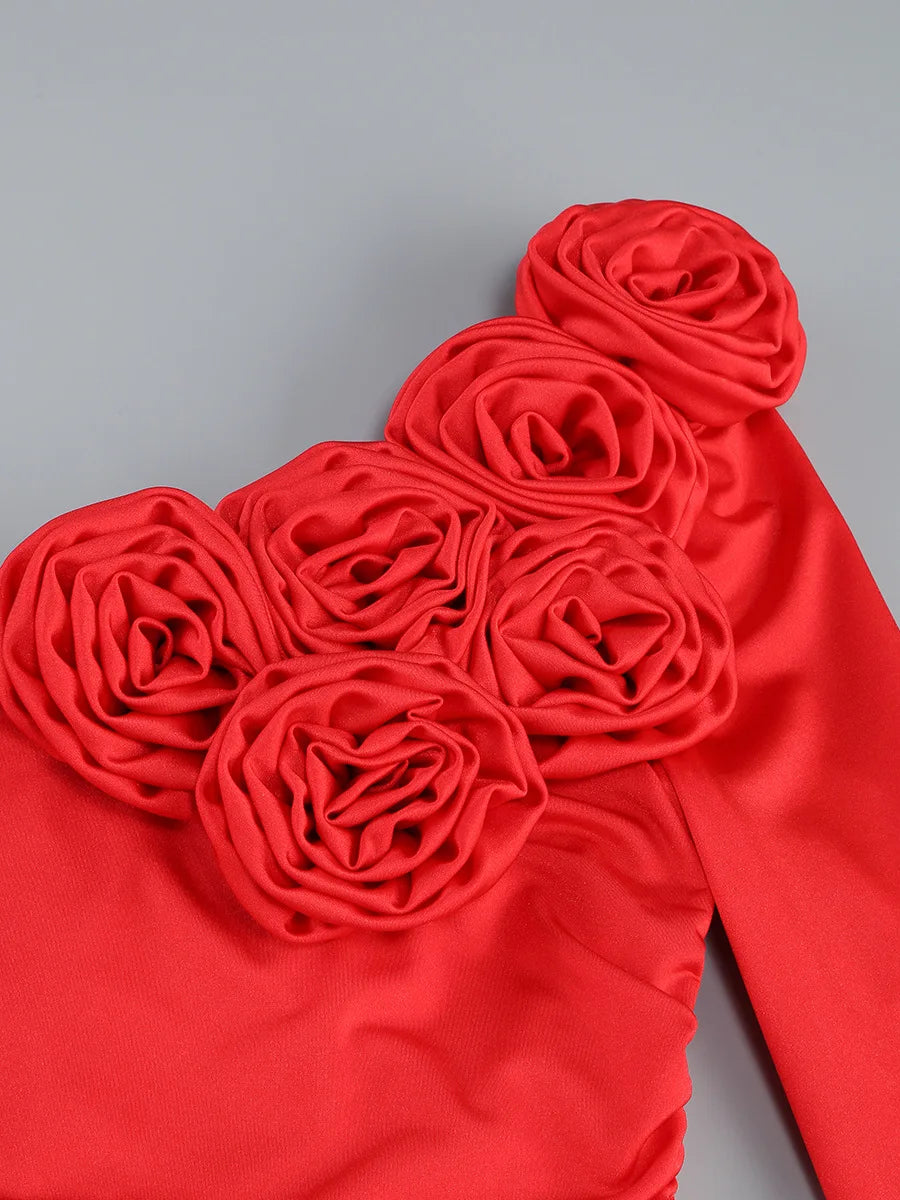 Women Celebrity Sexy Off Shoulder Flower Red Ruched Maxi Long Gowns Dress 2024 Elegant Evening Party Club Vestido