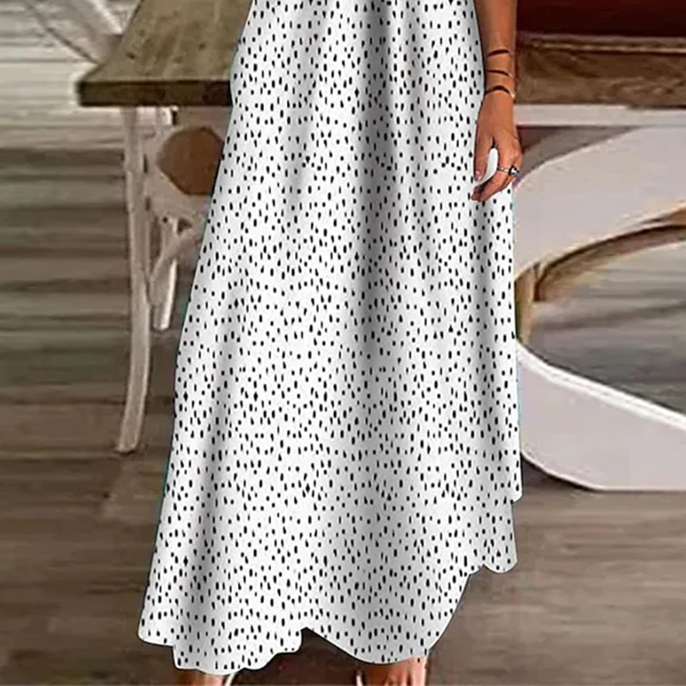 Summer Boho Floral Polka Dot V Neck Long Maxi Dress Elegant Ladies Holiday Beach Loose Retro Sundress