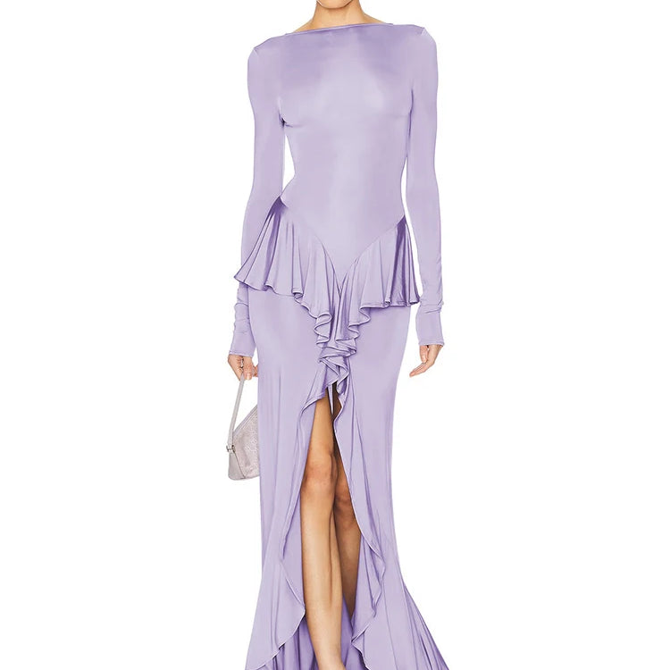 Backless Ruffled Sexy Maxi Dress For Women Gown Fashion O Neck Long Sleeve Thigh High Split Evening Long Dress Elegant PURPLE