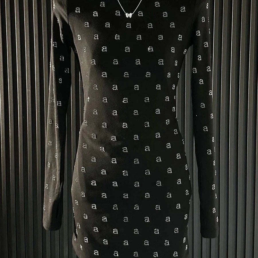 AW Wang Diamond A Letter Slim Fit Stretch Black Long Sleeve Short Skirt For Women Evening Party Dress Vestidos Midi Clothing