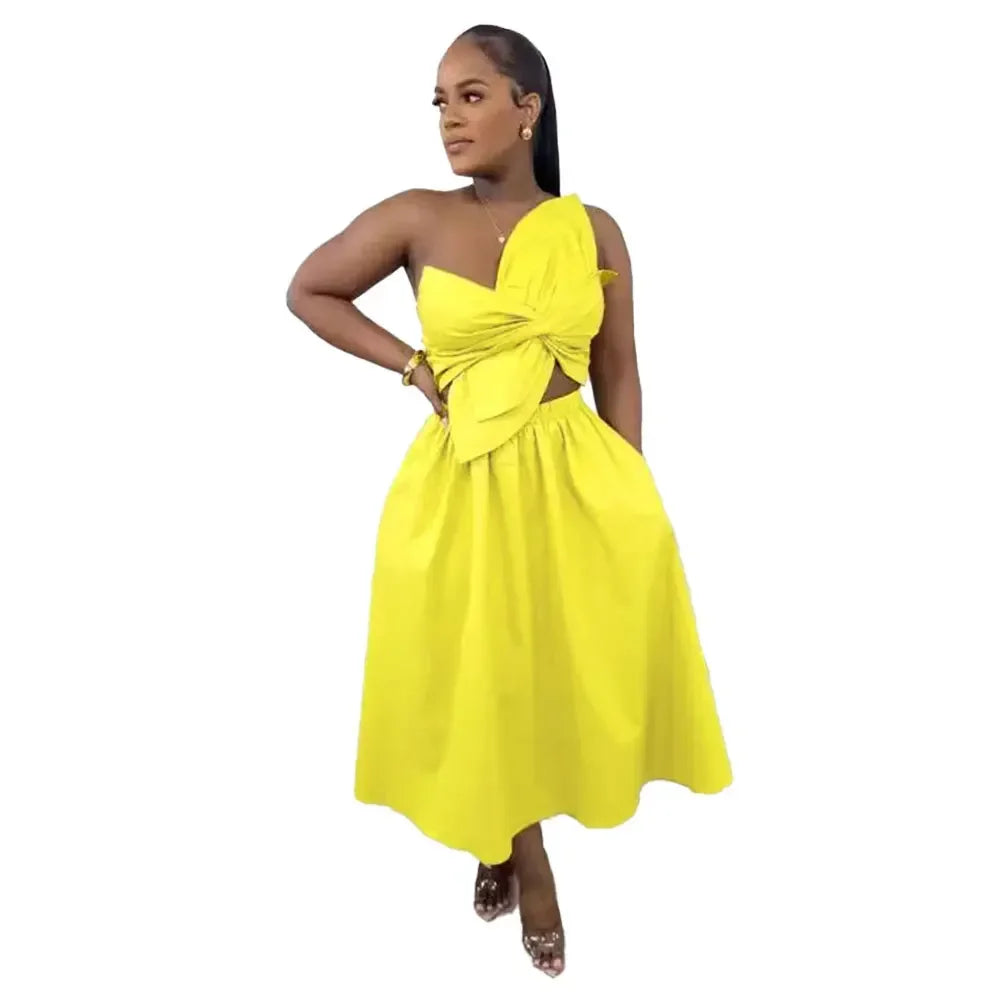 Women Big Petal Front Strapless Midi Long Dress 2024 Summer Street Vestidos Sexy Party Evening Chic Big Swing Dresses Yellow