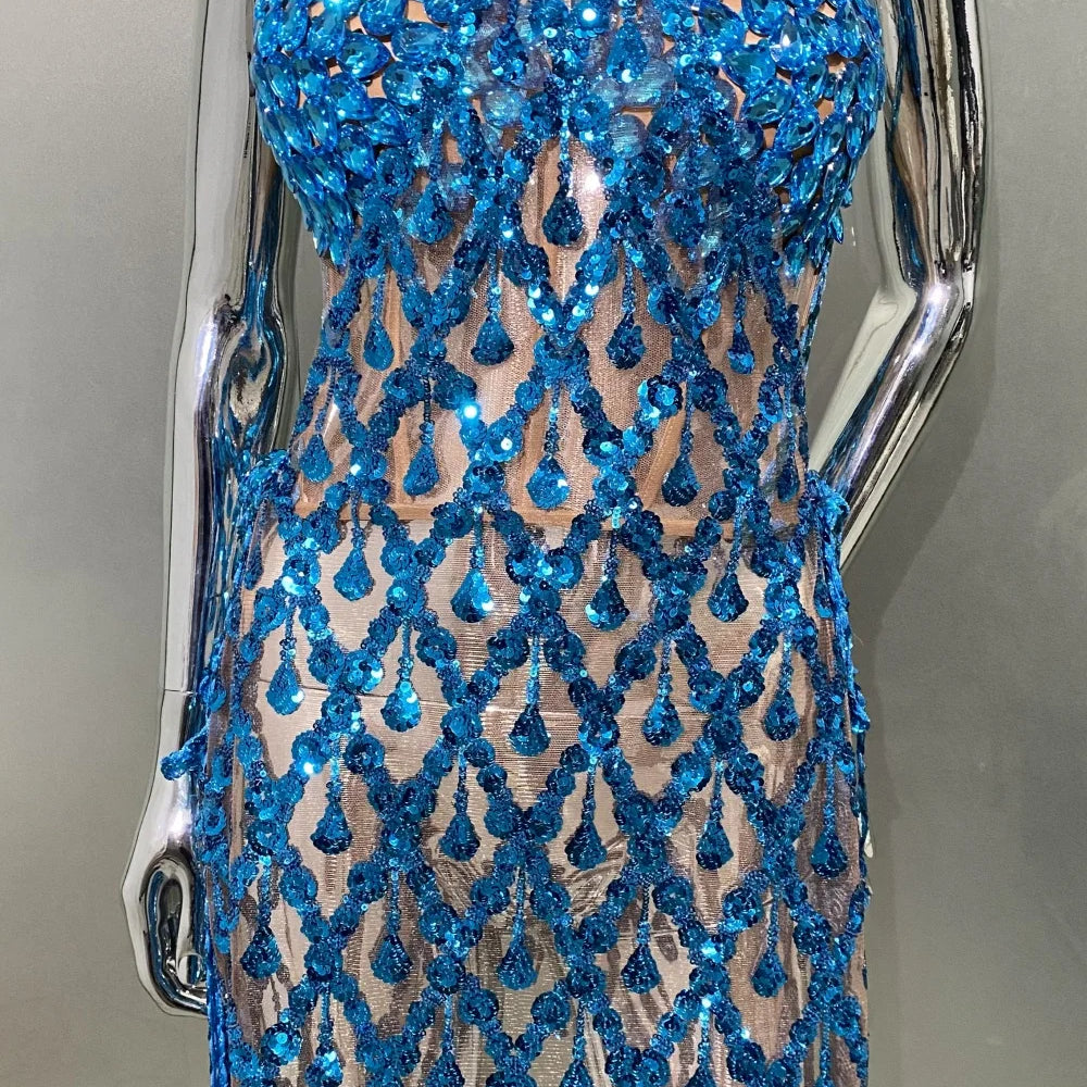 Blue Sequins Shining Diamonds Long Tassel Sleeveless Mini Dress 2 Pieces Birthday Party Outfit Performances Costume
