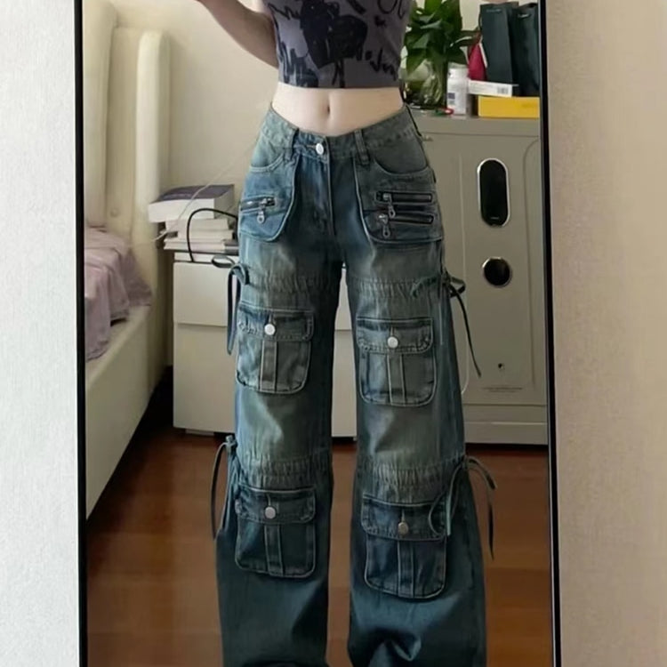 Women BF Style Y2k Streetwear Harajuku Baggy Multi-Pocket Blue Denim Cargo Pants Low Waisted Wide Leg Jeans 2000s Aesthetic Kpop