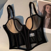 Women's Chic Mesh Fishbone Camisole Inner Wear Outer Wear Corset Crop Top Waist-Tight Sexy Bra White Black 2023 black