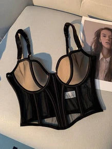 Women's Chic Mesh Fishbone Camisole Inner Wear Outer Wear Corset Crop Top Waist-Tight Sexy Bra White Black 2023 black