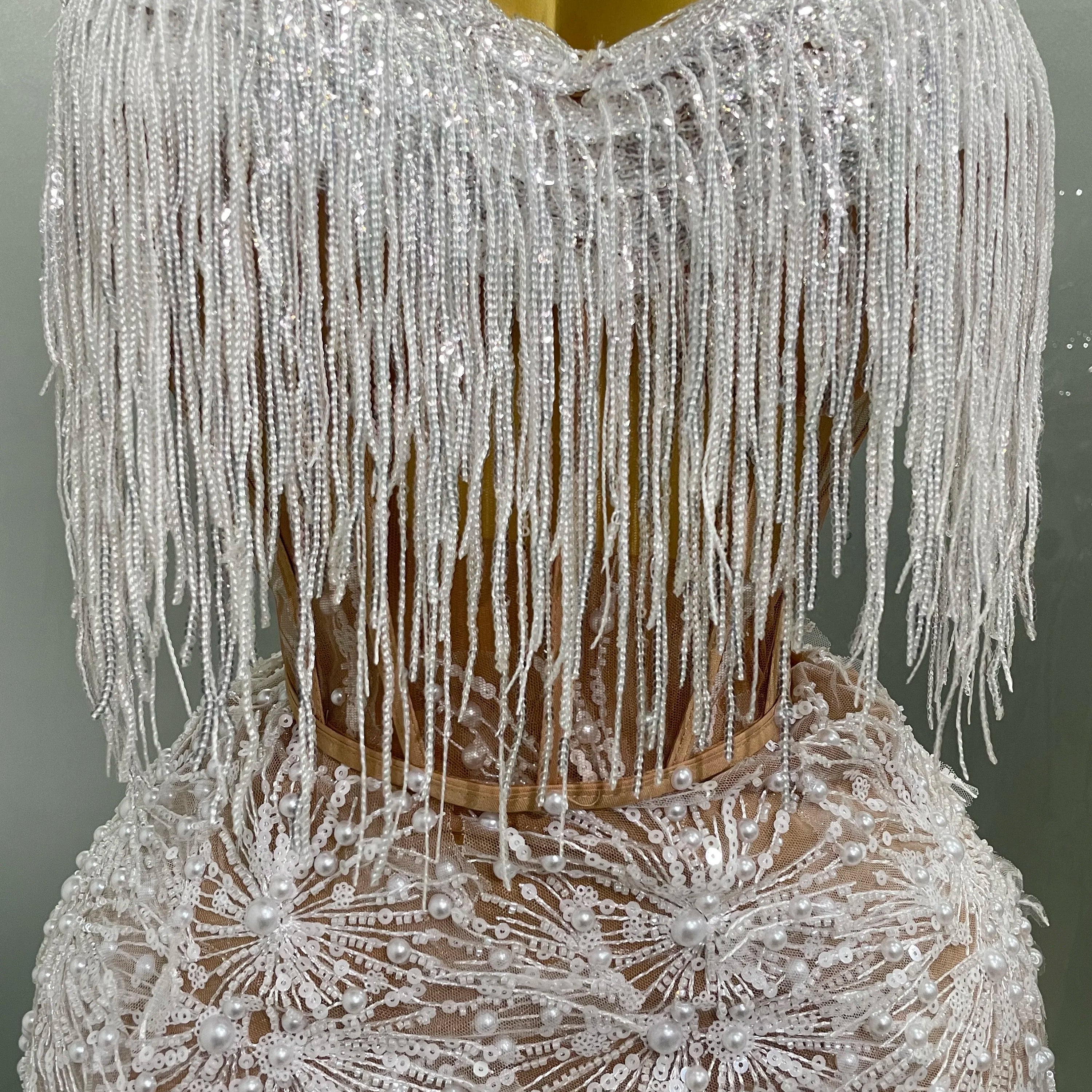 2025 Sexy Pearl Sequins Tassel Sleeveless Glitter Mini Dress Women Singer Bar Nightclub Stage Performance Clothing Show Outfit