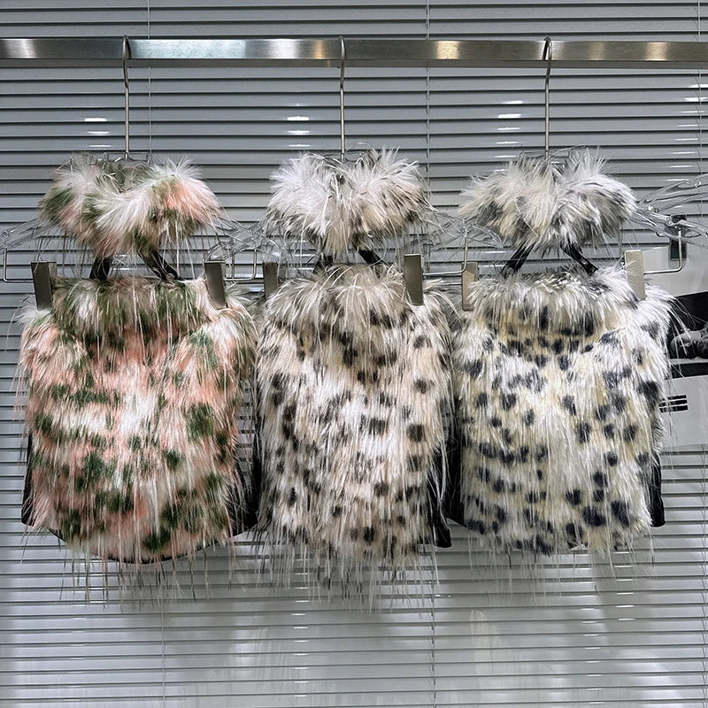 Winter New Fashion Leopard Print Contrast Color Fur Patchwork Backless Camisole For Women Halter Neck Vest 11A07607