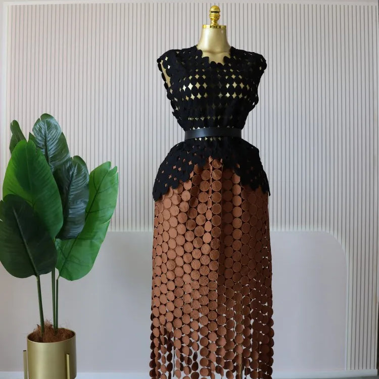 CM.YAYA Women Cutout O-neck Crop Top and Bodycon Midi Slim Maxi Long Skirt Suit 2025 Summer Vacation Sexy Two 2Piece Set Outfits