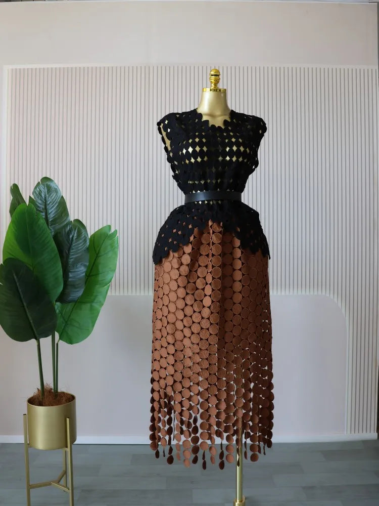 CM.YAYA Women Cutout O-neck Crop Top and Bodycon Midi Slim Maxi Long Skirt Suit 2025 Summer Vacation Sexy Two 2Piece Set Outfits