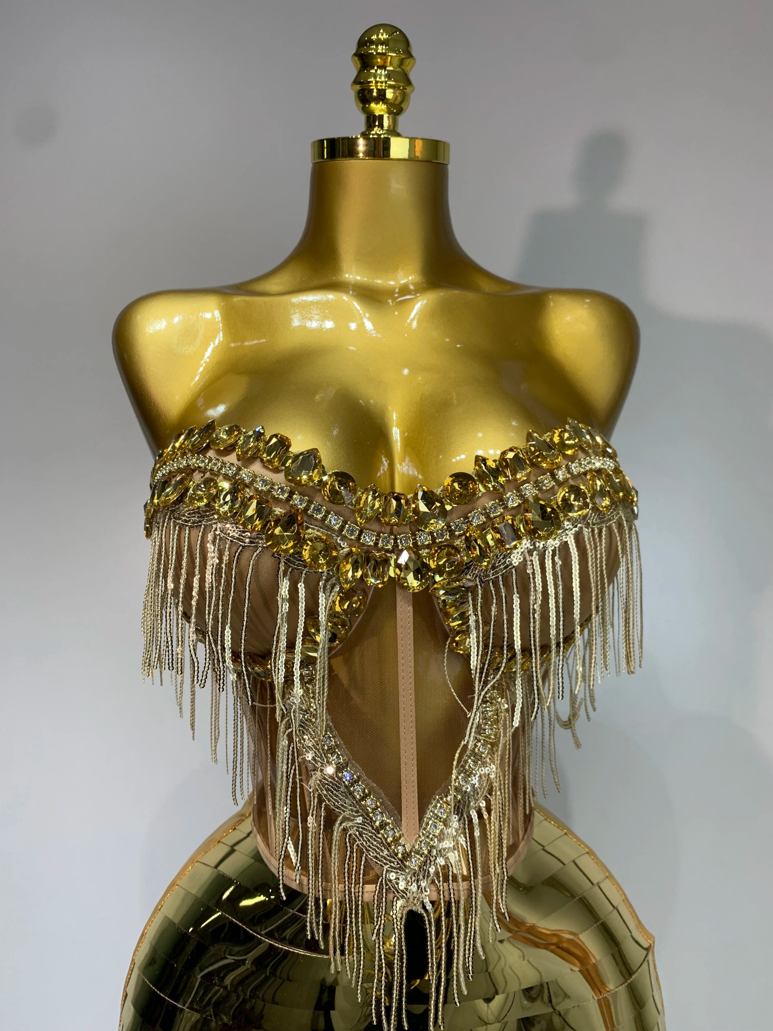 2025 Sparkly Gold Rhinstones tassels Top Skirt Set Women Sexy Strapless Designer Two Pieces Nightclub Evening Party Stage Outfit