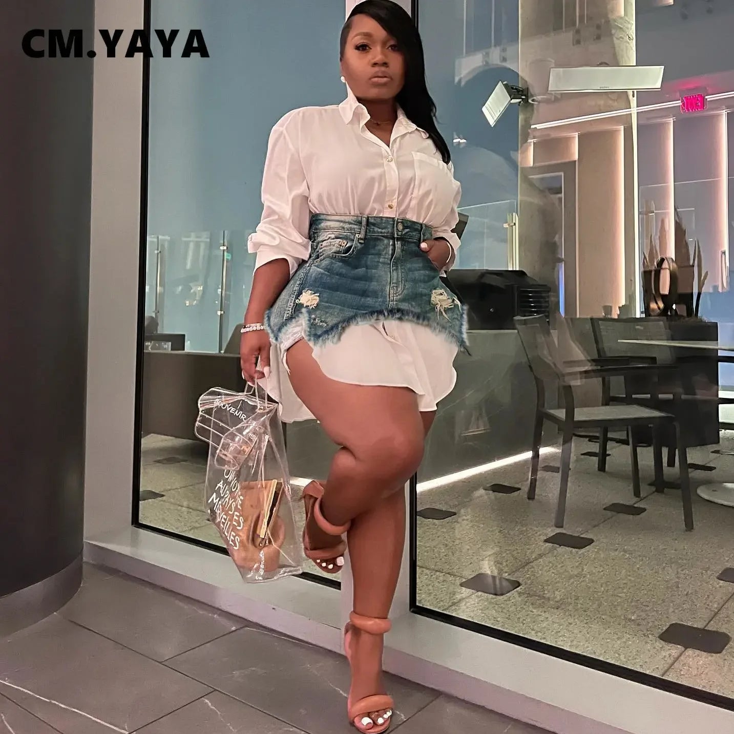 Vintage Women Long Sleeve Turn-down Collar Shirt Blouse Style Dress with Denim Jean Irregular Mini Skirt Two 2 Piece Set