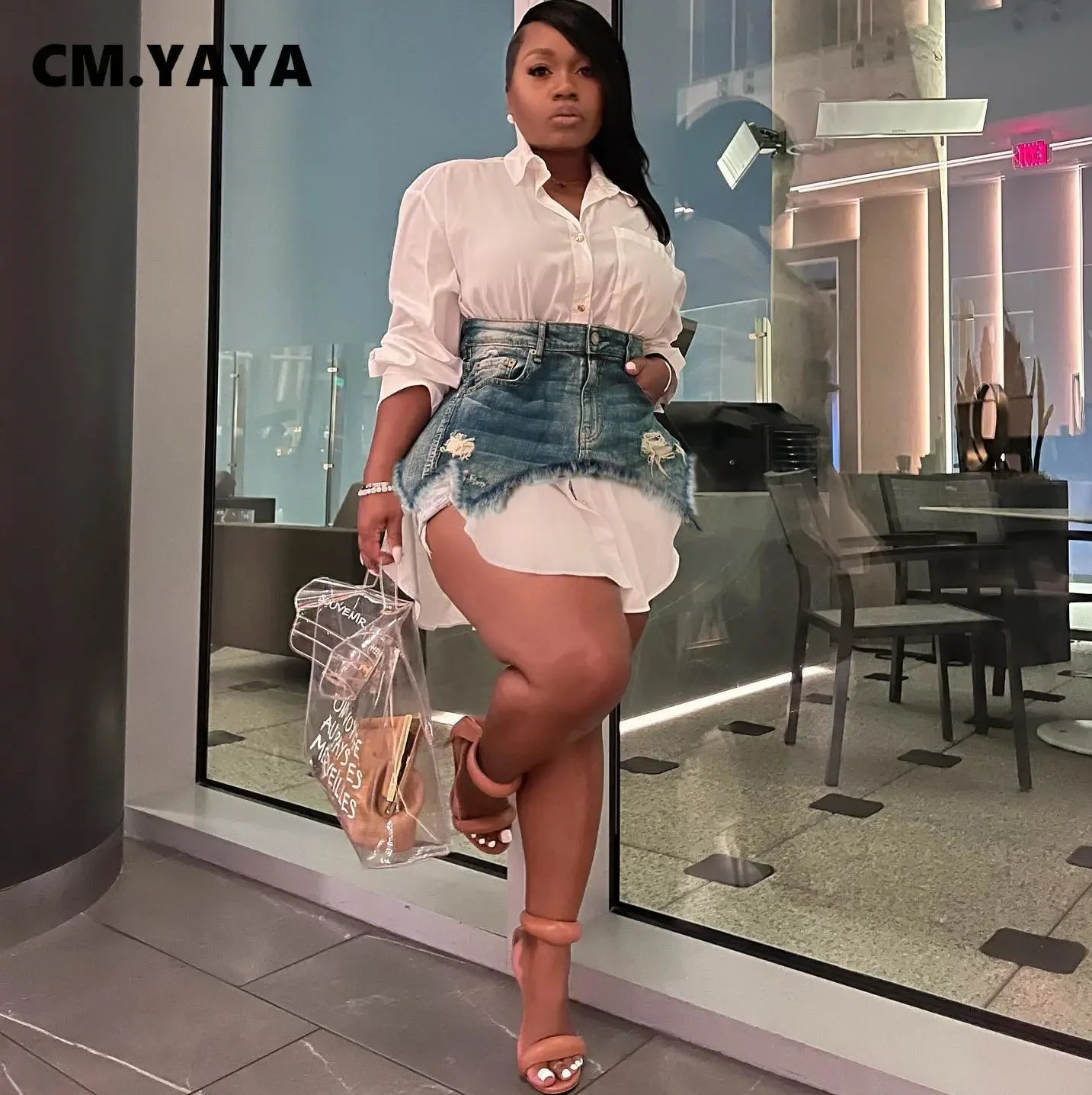 Vintage Women Long Sleeve Turn-down Collar Shirt Blouse Style Dress with Denim Jean Irregular Mini Skirt Two 2 Piece Set