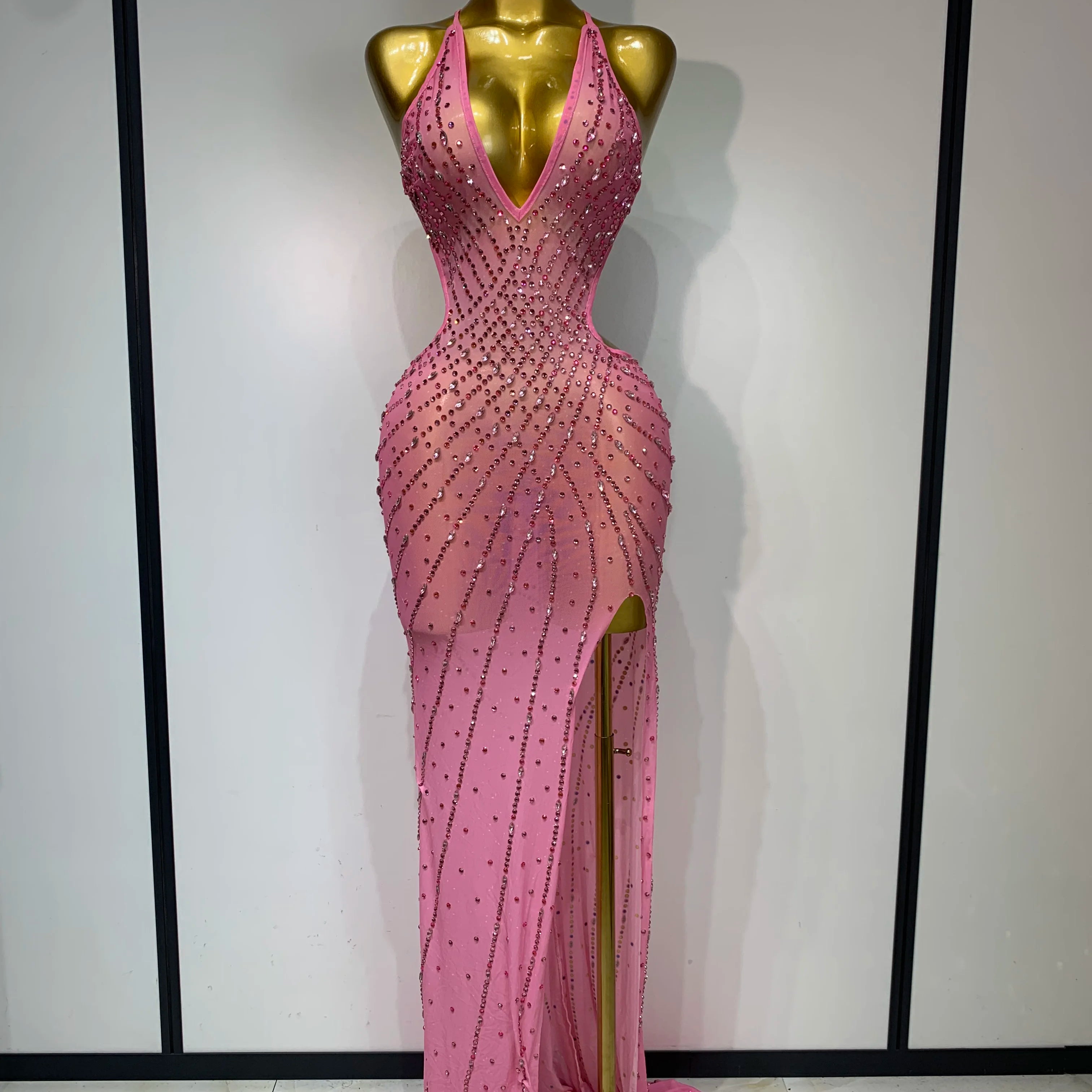Sparkly Rhinestone Halter Mesh Transparent Dress Birthday Celebrate Evening Party Dress Women Sexy Split Backless Stage Outfit Pink