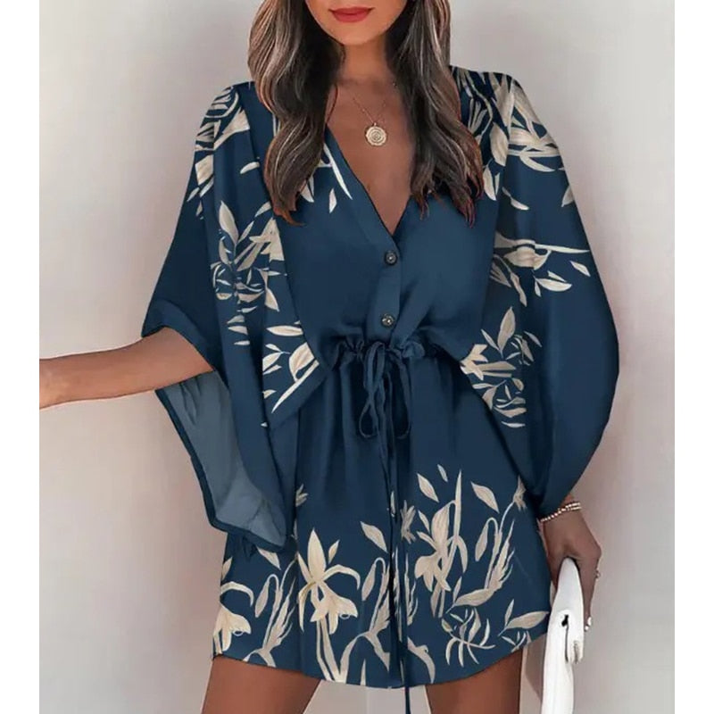 Summer Boho Mini Dress - Flora Print Batwing Sleeve Lace-Up V Neck Loose Button Dresses Ladies Beach Party Dress Vestido style9