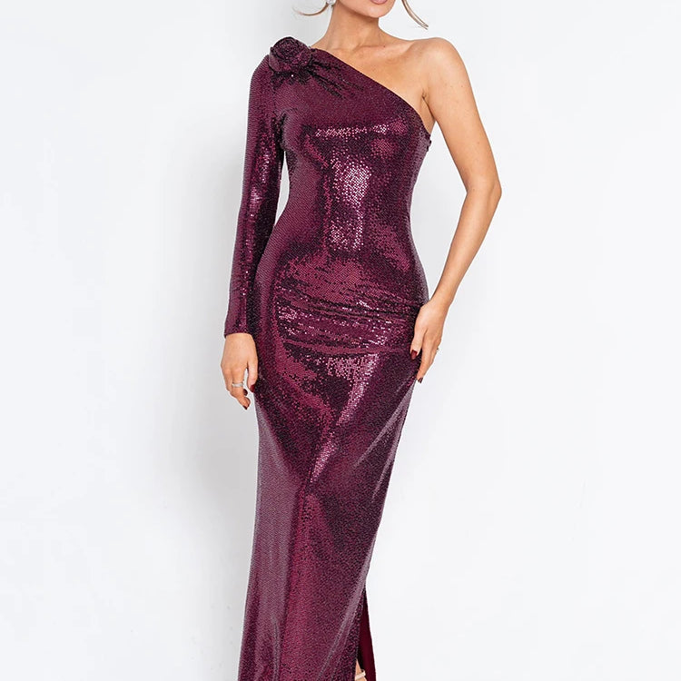 Glitter Skew Collar Backless Sexy Maxi Dress For Women Gown Sparkle Rose One Shoulder Bodycon Evening Long Dress PURPLE