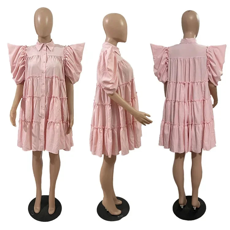 Elegant Women Puff Short Sleeve Smock Dress 2022 Summer Chic Big Swing Loose Turn-down Neck Sundress Vestidos Pink