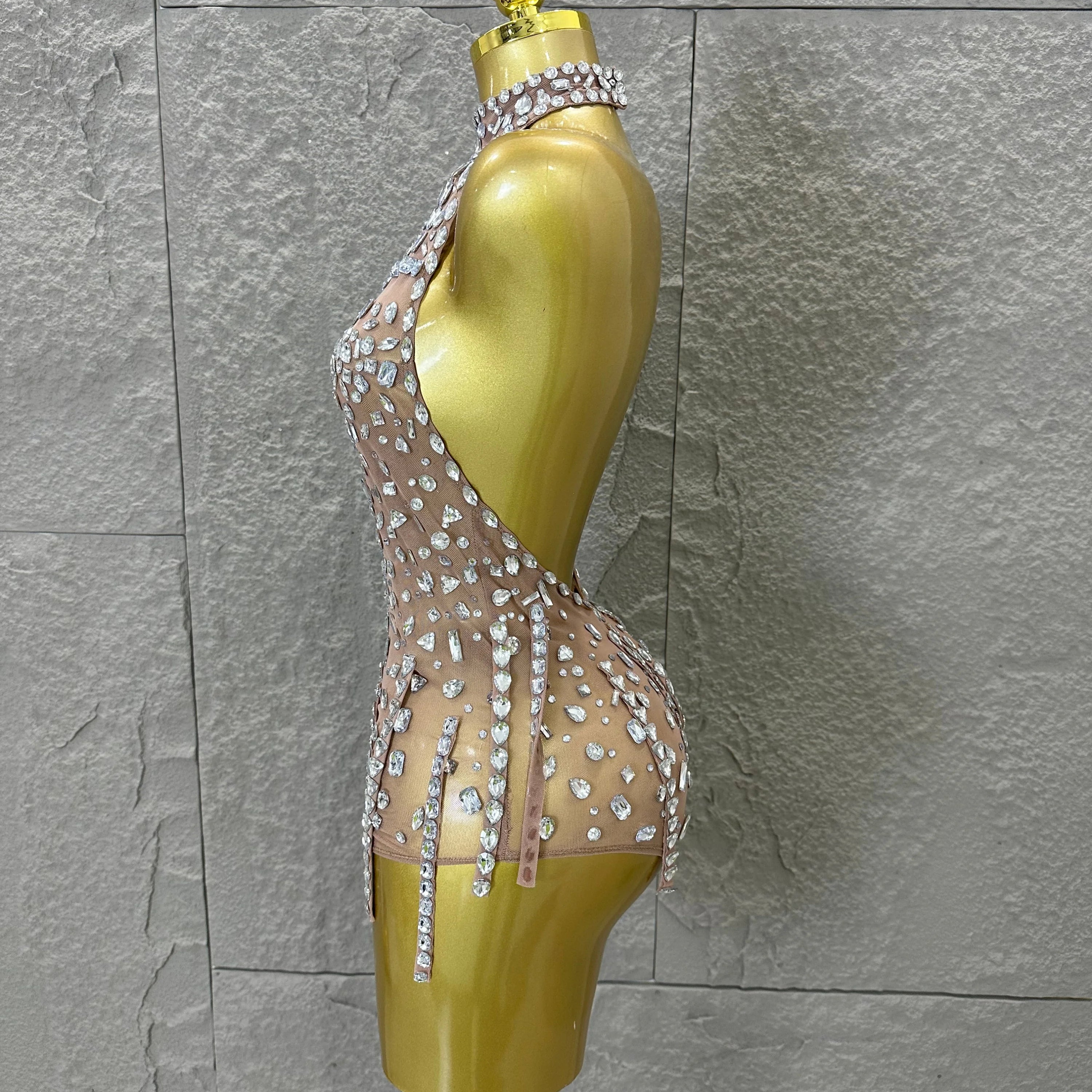 Pink Nude Sleeveless Bodysuit Women Sheer Mesh Crystal Rhinestone Embellished Formal Event Performance Costume