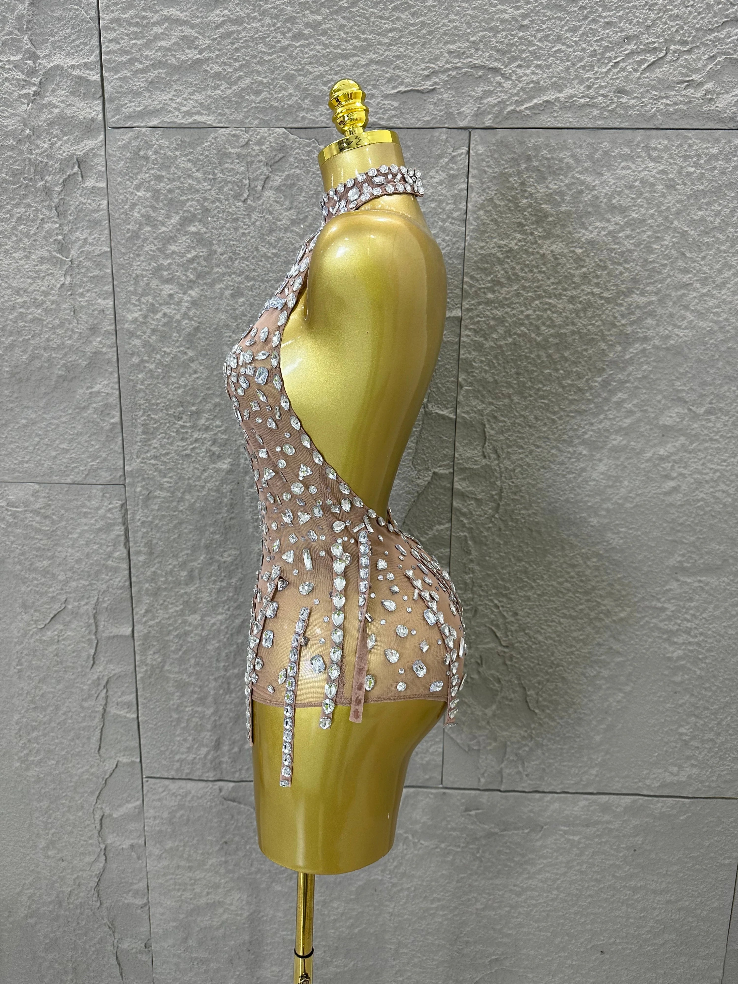 Pink Nude Sleeveless Bodysuit Women Sheer Mesh Crystal Rhinestone Embellished Formal Event Performance Costume