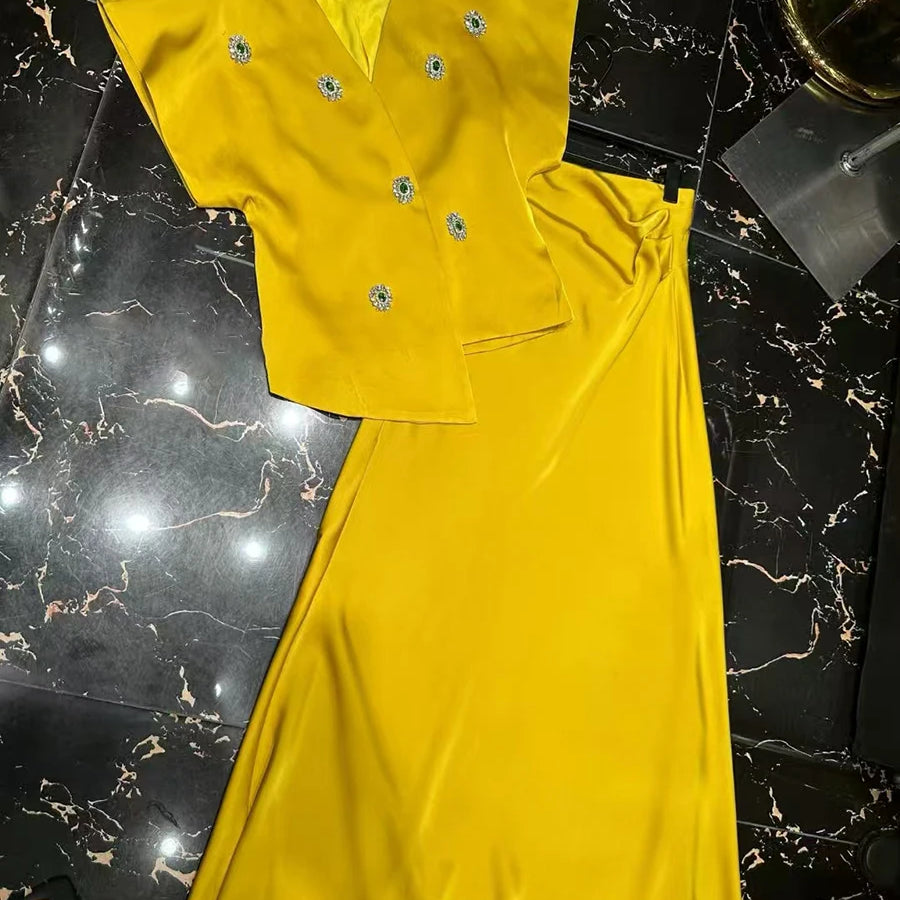 Slimming Elegant Two Piece Sets for Women V Neck Short Sleeves Patchwork Bead Top High Waist Long Skirt Set Female YELLOW