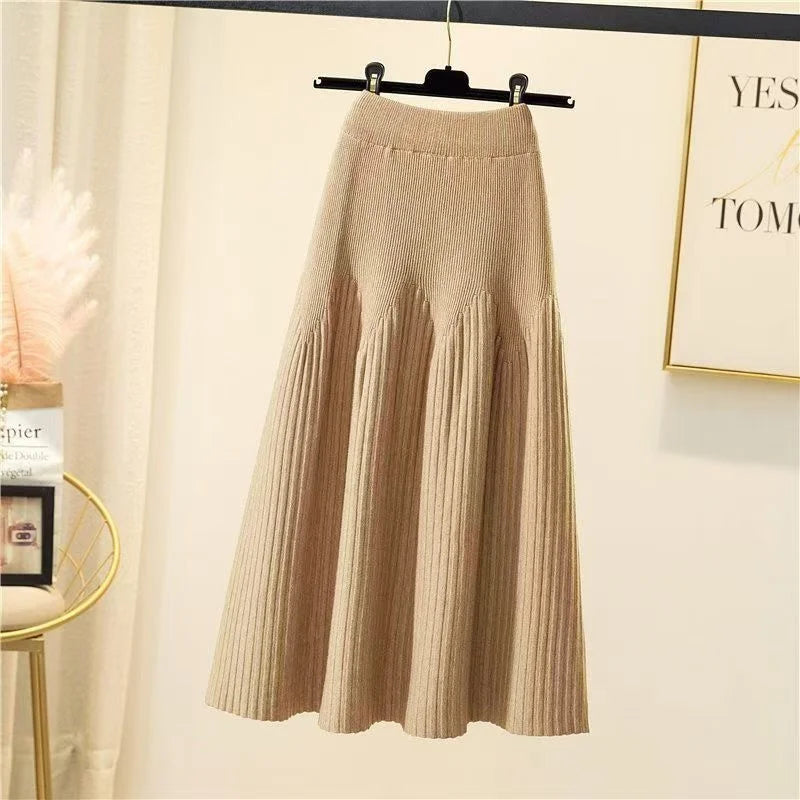 Women Winter Loose A-Line Midi Skirt Casual Elegant Office Lady Skirt Trendy All-Match New Basic Skirt Solid Pleat Knit Skirt Beige