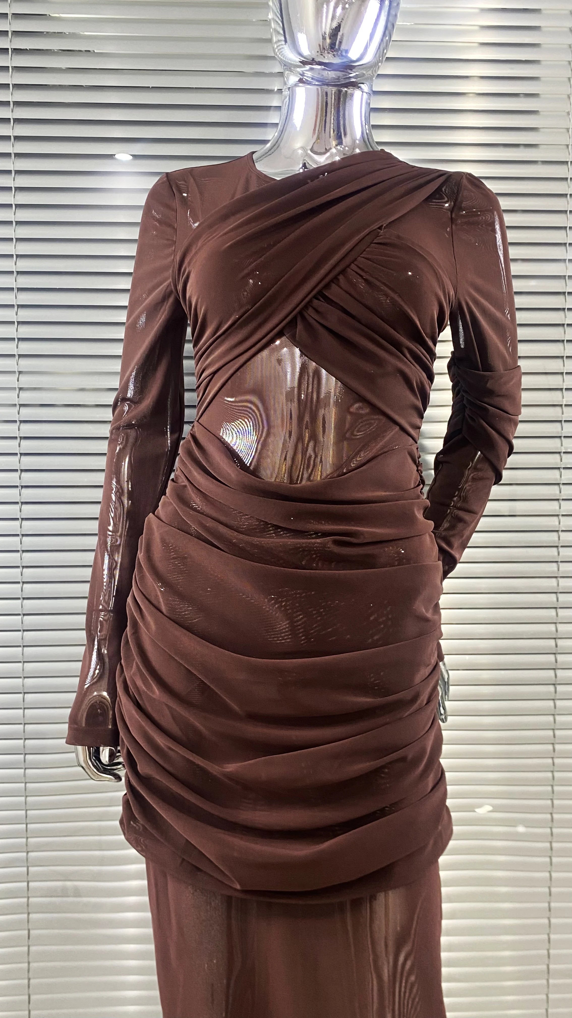 Chocolate Color Sexy See Through Mesh Sheath Ankle Length Dress Fashion Woman Evening Party Dress Holiday Vacation Outfit