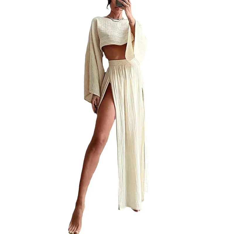 Elegant Women Crop Tops & High Waist Slit Maxi Skirts 2 Pieces Linen Pants Sets Beach Cover Ups Lounge Matching Sets Apricot