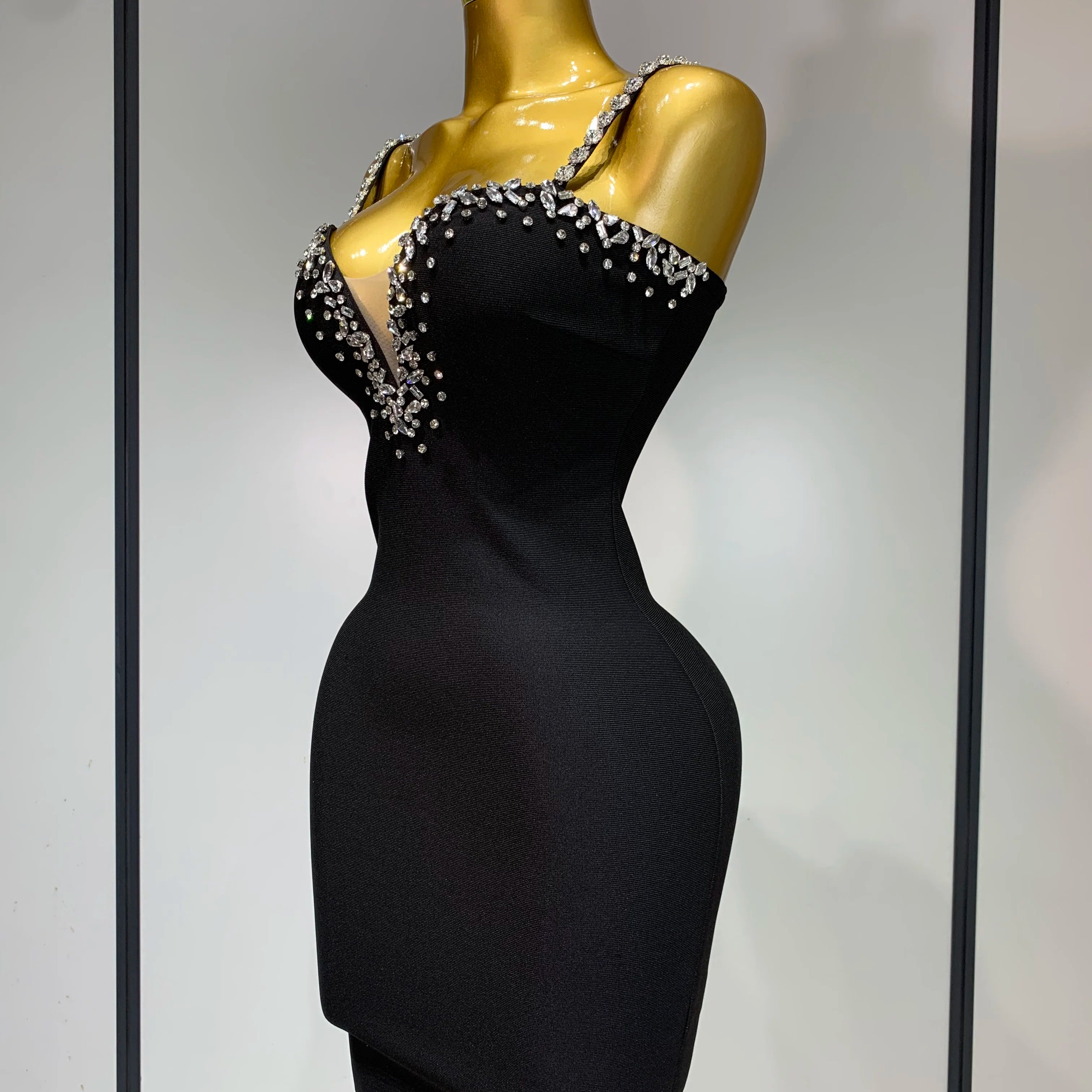 Women Sexy Sling V-neck Black Mini Bodycon Bandage Dress Luxury 2025 Celebrity Evening Club Celebrity Elegant Party Gowns