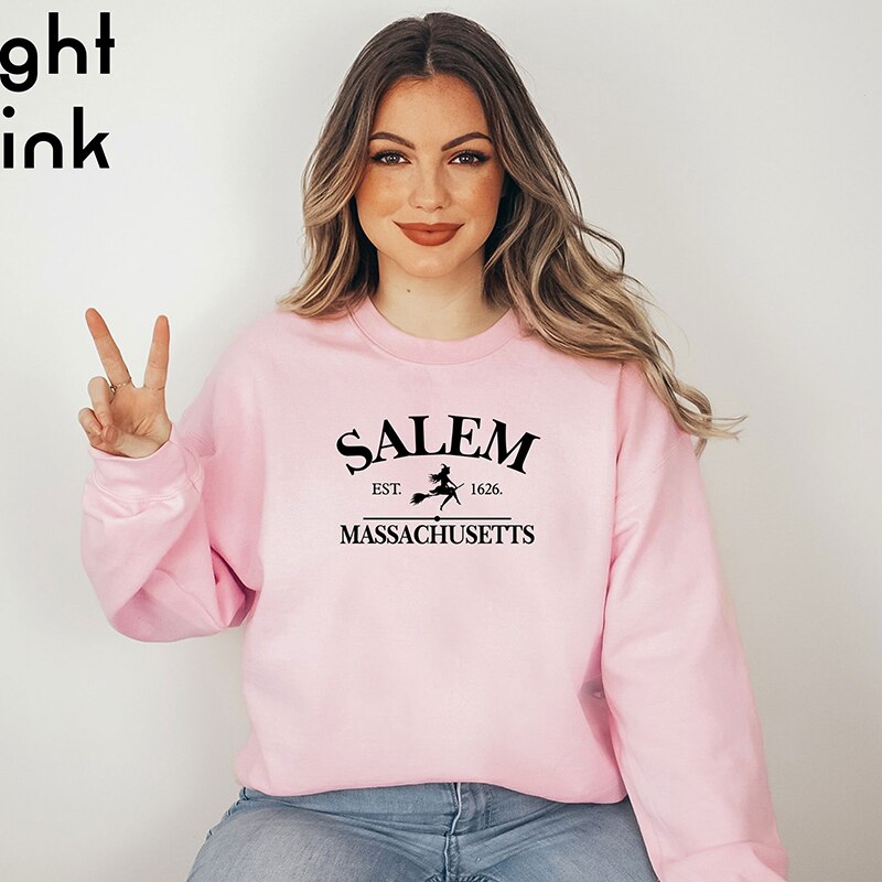 Salem Massachusetts Funny Halloween Womens Sweatshirt O Neck Graphic Hoodies Witch Graphic Tops 2000s Grunge Clothes Female Tops Pink