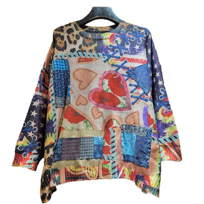 Autumn Winter New Printed Contrast Color Loose Round Neck Knitted Sweater For Women Versatile Pullover Trendy 11A07723