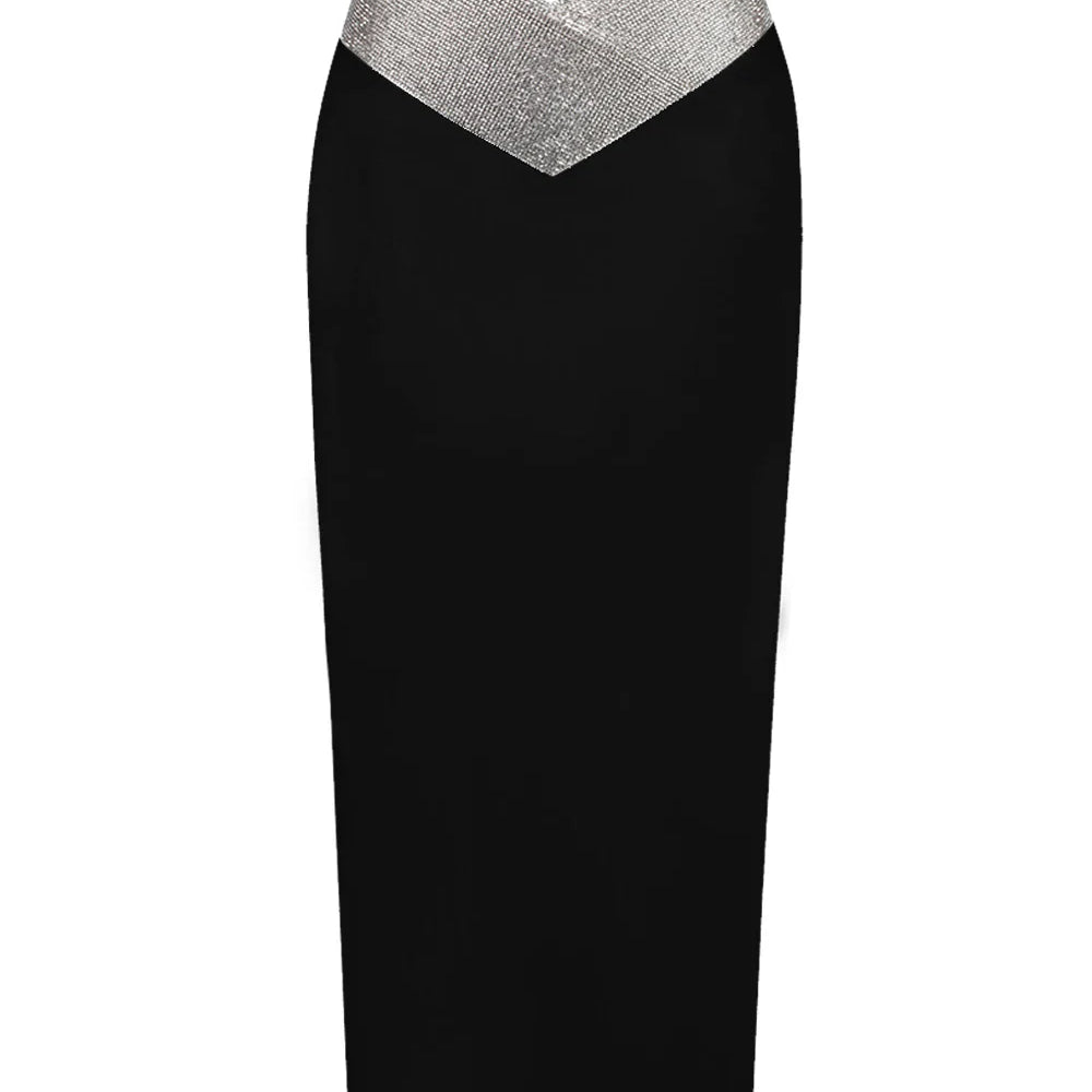 Women Crystal Diamonds White Black Bodycon Midi Bandage Skirt Designer High Waist Party Club Pencil Skirt 77cm black