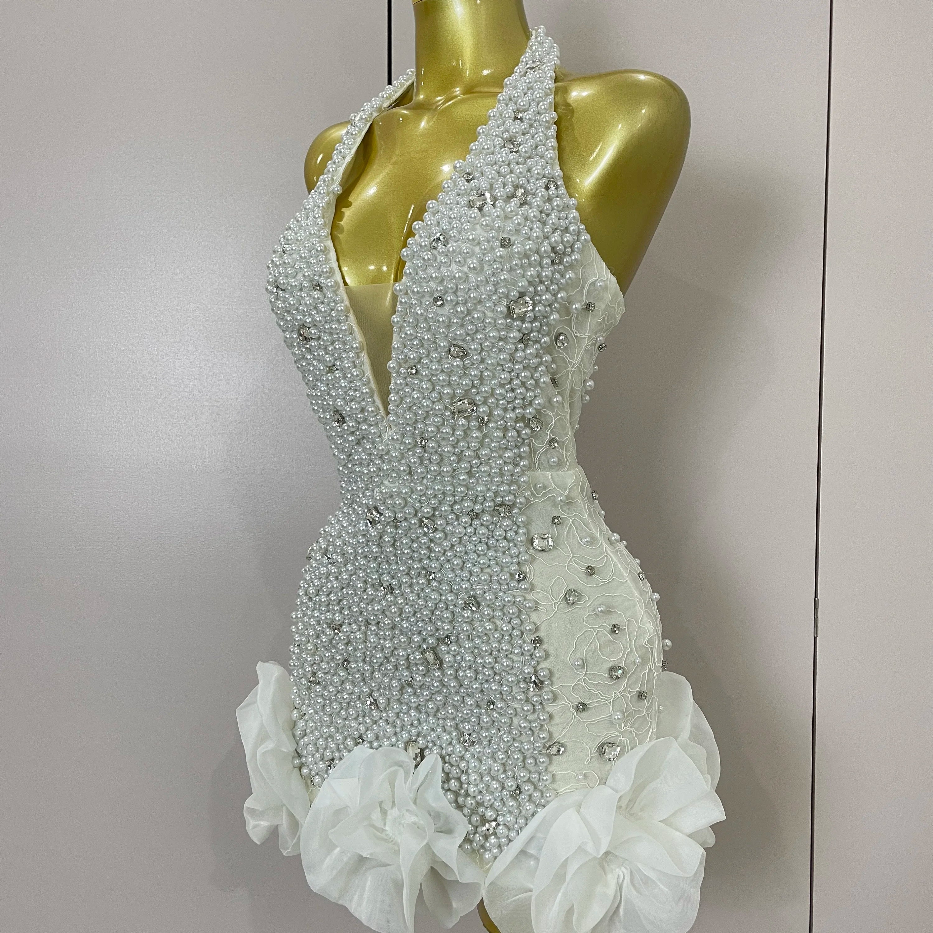 Luxury Shiny Diamonds Pearl Flowers Deep V Halter Short Dress Women Celebrate Eveing Celebrity Birthday Party Dress