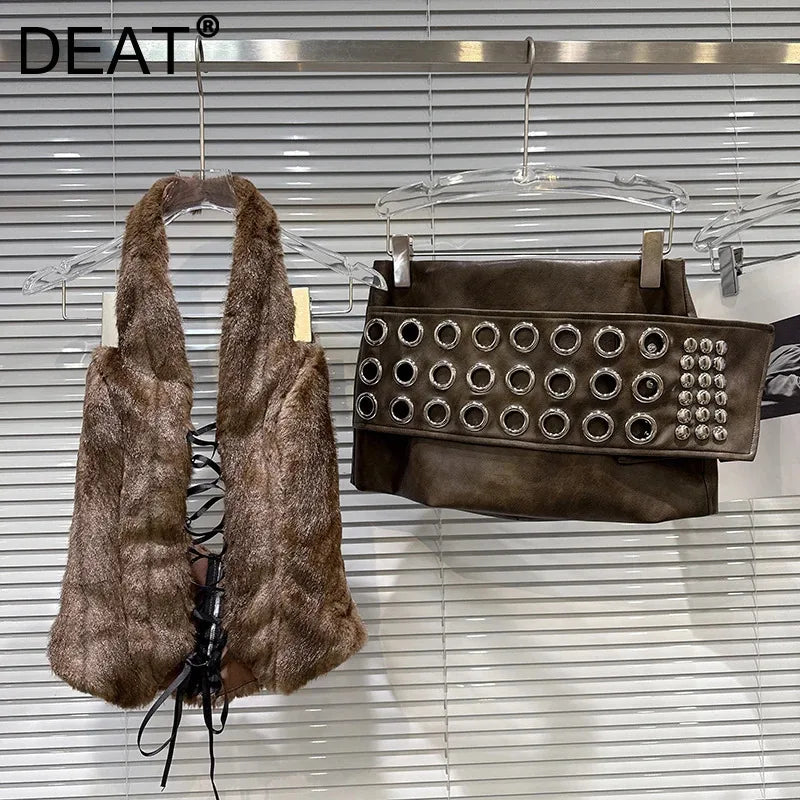 Winter New Fashion Style Back Bandage Design Furry Halter Neck Strap For Women Ring PU Leather Short Skirt 11A07894