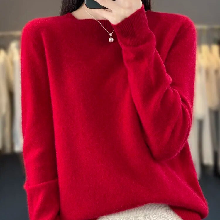 Women 100% Pure Merino Wool Knitted Sweater Autumn Winter Fashion O-Neck Top Cashmere Warm Pullover Seamless Jumper Clothes Red
