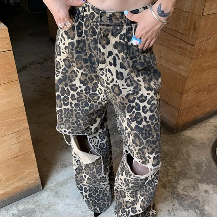 Colorblock Leopard Hollow Out Denim Pants For Women High Waist Spliced Pocket Wide Leg Jeans Female Fashion New