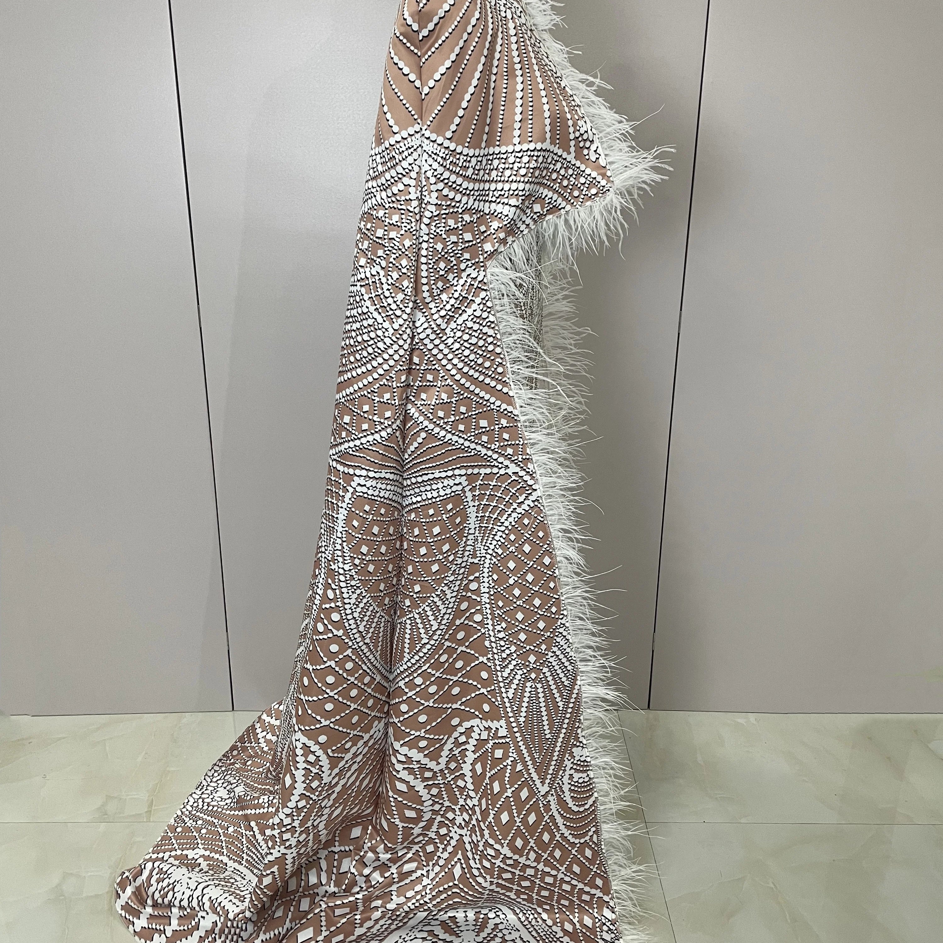 2025Luxury Feathers Cloak White Printing Sexy Sheath Jumpsuit Women Evening Party Bar Nightclub Singer Stage Performance Costume