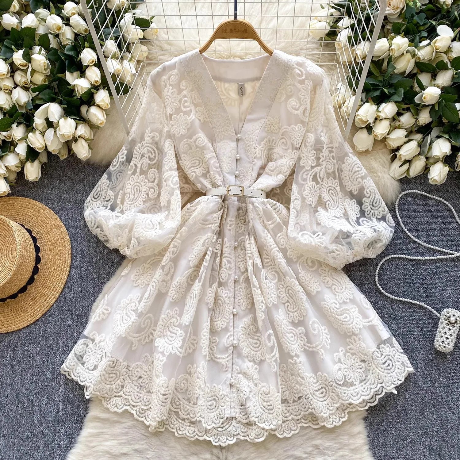 French Sweet V Neck Lantern Sleeve Mini Dress Summer Women Embroidery Flower Mesh Patchwork Belt Casual Beach A-Line Party Robes apricot