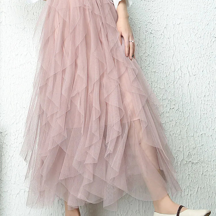 Fashion Tutu Tulle Skirt Women Long Maxi Skirt Spring Summer Korean Black Pink High Waist Pleated Skirt Female